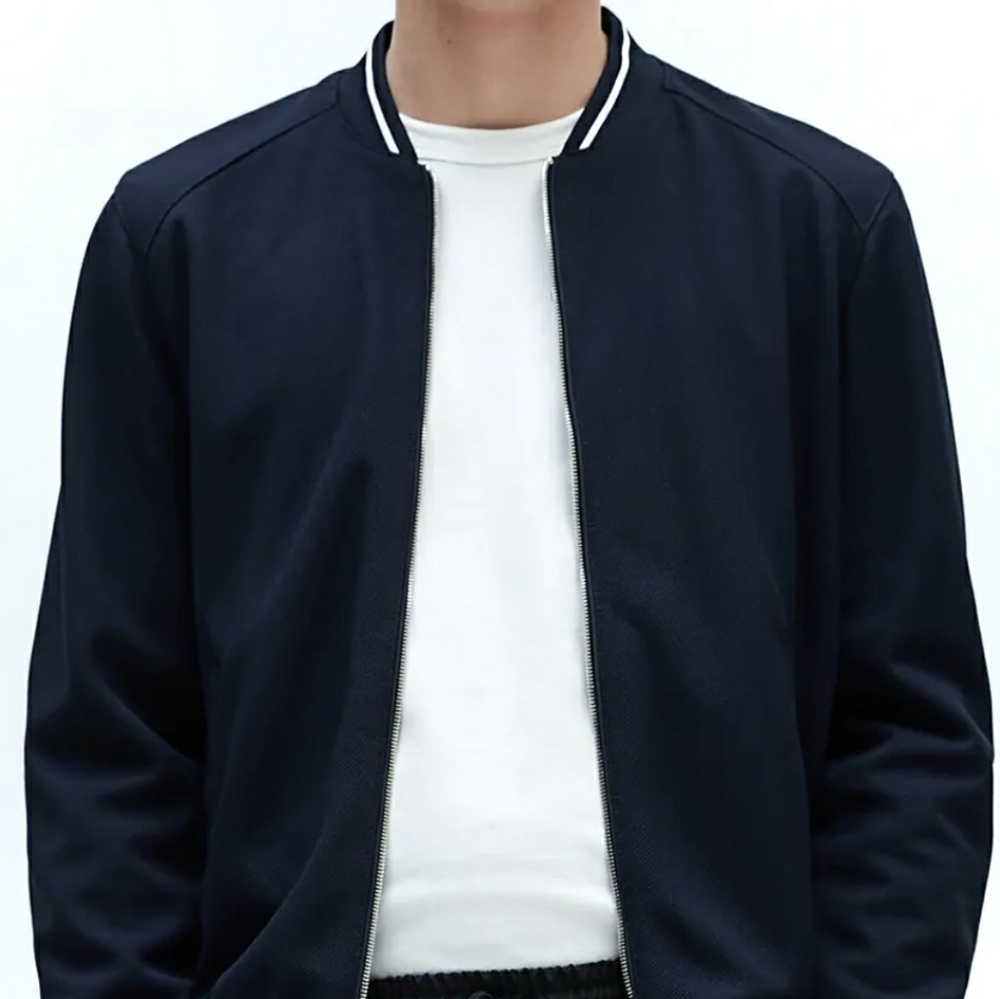 NWT Zara Men Piqué Bomber Navy Blue Jacket - Picture 4 of 5